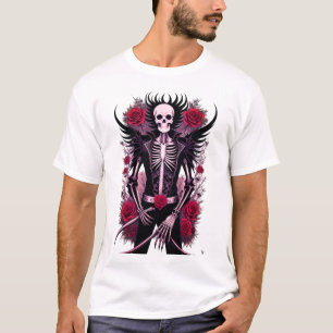 ゴシックスカルと赤い花男性用Tシャツ Tシャツ