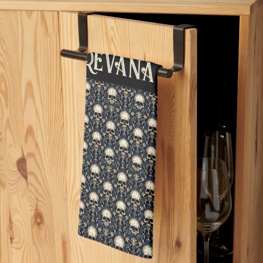 ゴシックスカルと青フローラ キッチンタオル (三つ折り)