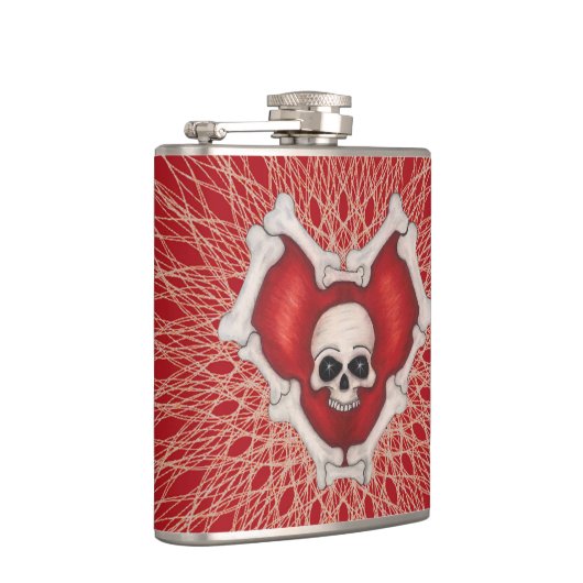 ゴシックスカルの赤いハートの線分上の骨 フラスク (右)