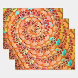 ゴシックスカルアポップ・アートのートオレンジのらカッコいいせん模様 ラッピングペーパーシート