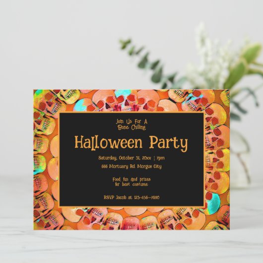 ゴシックスカルオレンジ抽象芸術ハローウィンパーティ 招待状 (スタンド正面)