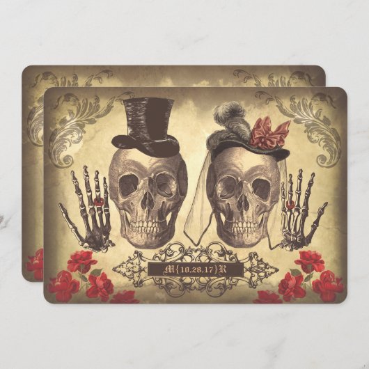 ゴシックスカルカップルの日の死んだ結婚式の招待 招待状 (正面/裏面)