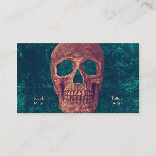 ゴシックスカルグリーンティール(緑がかった色)ブラウンテクスチャタトゥーショップ 名刺 (正面)