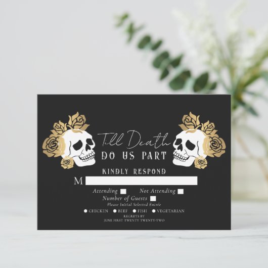 ゴシックスカルデスウェディングRSVP エンクロージャーカード (スタンド正面)