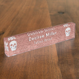 ゴシックスカルバラ金ゴールドモダン白エレガントフローラ デスクネームプレート