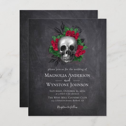 ゴシックスカルフローラハロウィーン結婚式招待状 (正面/裏面)