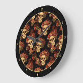 ゴシックスカルブラックレッドローズクラウンハロウィーン ラージ壁時計 (傾斜)