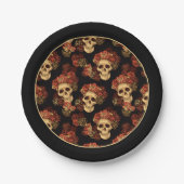 ゴシックスカルブラックレッドローズクラウンハローウィンパーティ ペーパープレート (正面)