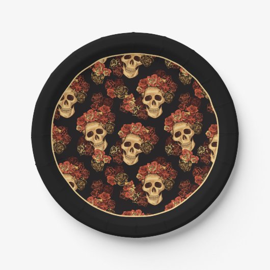 ゴシックスカルブラックレッドローズクラウンハローウィンパーティ ペーパープレート (正面)