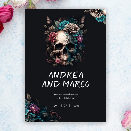 ゴシックスカルブラック&パープルロックアンドロールウェディング 招待状