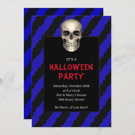 ゴシックスカルブルーストライプハローウィンパーティ 招待状 (正面/裏面)