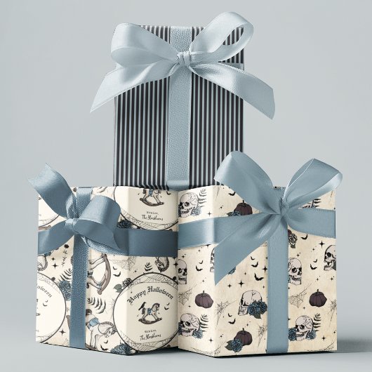 ゴシックスカルブルーバラパンプキンボーハロウィーン ラッピングペーパーシート