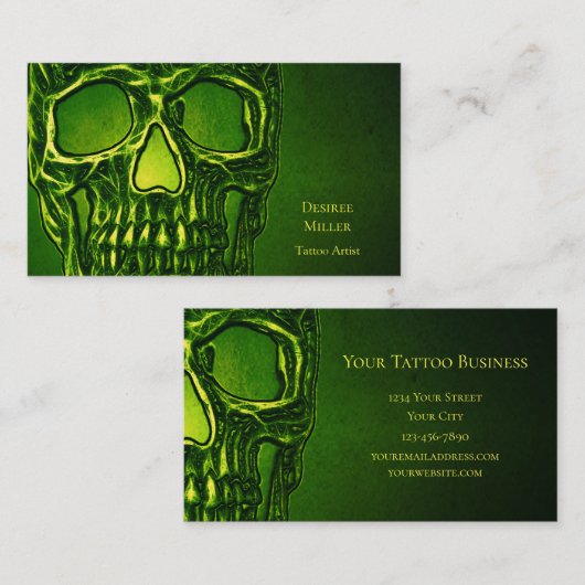 ゴシックスカルヘッドグリーンネオンメタリックタトゥーショップ 名刺 (正面/裏面)