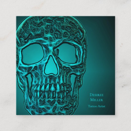 ゴシックスカルヘッドティール(緑がかった色)グリーンメタリックタトゥーショップ スクエア名刺 (正面)