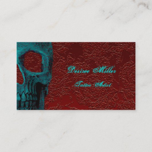 ゴシックスカルヘッドティール(緑がかった色)レッドフローラタトゥーアーティスト 名刺 (正面)