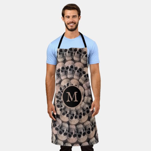 ゴシックスカルヘッドモノグラムヴィンテージセピア抽象芸術 エプロン (着用した状態)