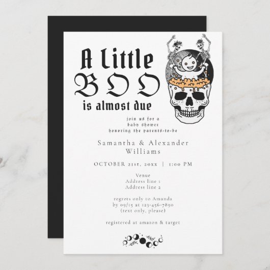 ゴシックスカルムーンリトルブハロウィーンベイビーシャワー 招待状 (正面/裏面)
