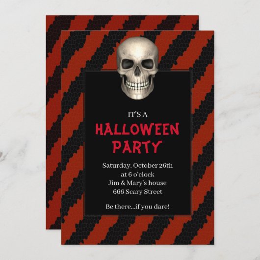 ゴシックスカルレッドストライプハローウィンパーティ 招待状 (正面/裏面)