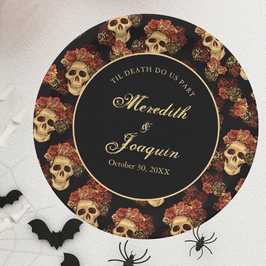 ゴシックスカルレッドローズブラックハロウィン結婚ズ ペーパープレート