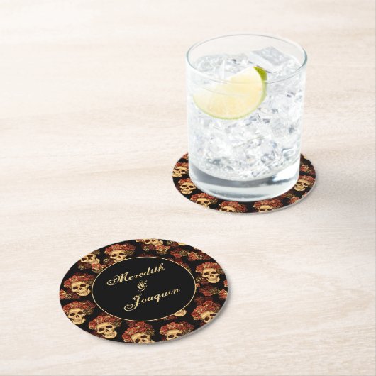 ゴシックスカルレッドローズブラックハロウィン結婚ズ ラウンドペーパーコースター (インサイチュ)