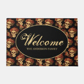 ゴシックスカルレッドローズブラックハロウィーンウェルカム ドアマット (正面)