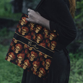 ゴシックスカルレッドローズブラックモノグラムハロウィーン トートバッグ