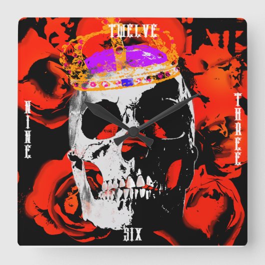 ゴシックスカルレッドローズ スクエア壁時計 (正面)