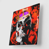 ゴシックスカルレッドローズ スクエア壁時計 (傾斜)