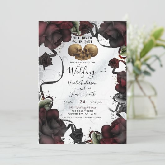 ゴシックスカルレッドローゼホワイトハロウィン結婚ズ 招待状 (スタンド正面)