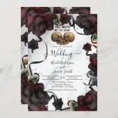 ゴシックスカルレッドローゼホワイトハロウィン結婚ズ 招待状 (正面/裏面)