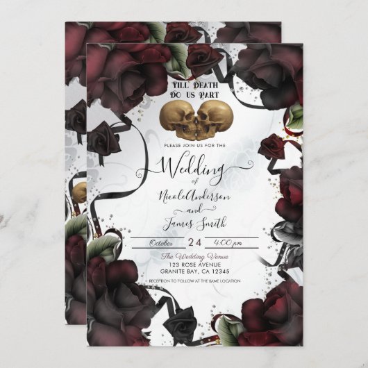 ゴシックスカルレッドローゼホワイトハロウィン結婚ズ 招待状 (正面/裏面)
