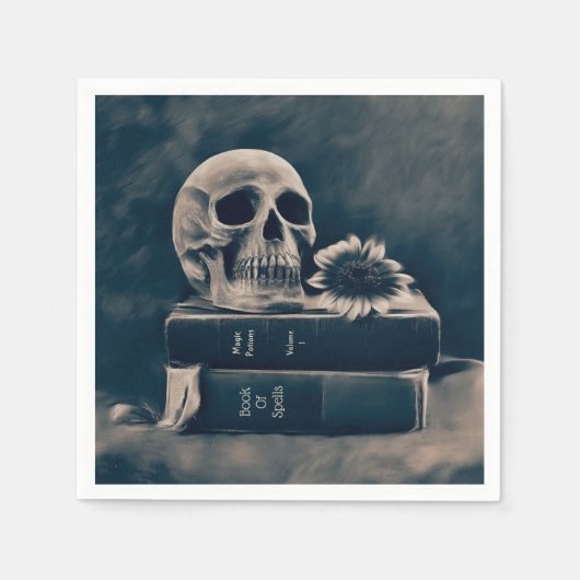 ゴシックスカルヴィンテージオールドブックスシアノタイプマカブル スタンダードカクテルナプキン (正面)