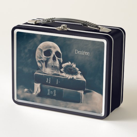 ゴシックスカルヴィンテージオールドブックスシアノタイプマカブル メタルランチボックス (正面)