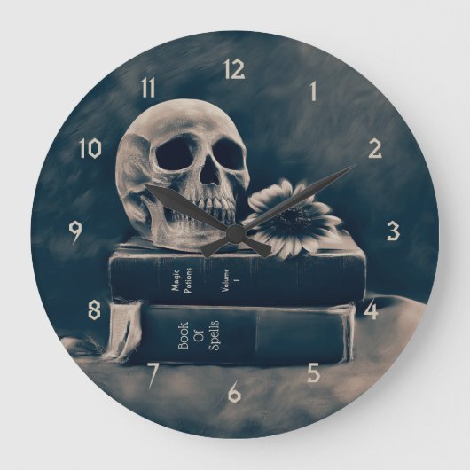 ゴシックスカルヴィンテージオールドブックスシアノタイプマカブル ラージ壁時計 (正面)