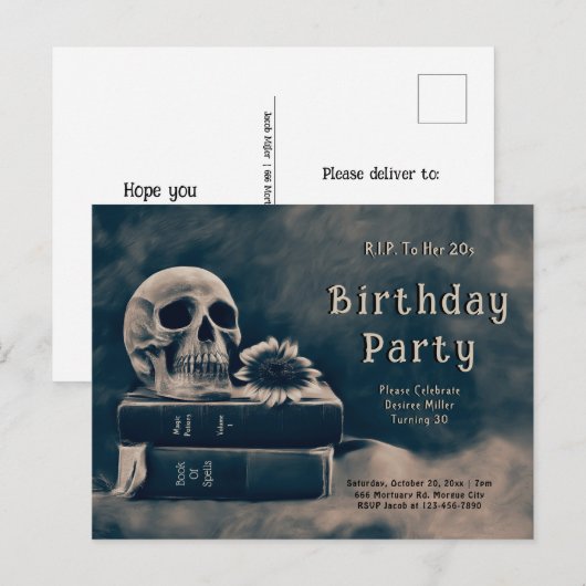 ゴシックスカルヴィンテージブックスマカブルRIPへ彼女の20s インビテーションポストカード (正面/裏面)