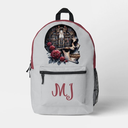 ゴシックスカル図書本赤バラパーソナライズされた プリントバックパック (正面)