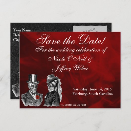 ゴシックスカル日付のカー結婚ドを保存 案内ポストカード (正面/裏面)