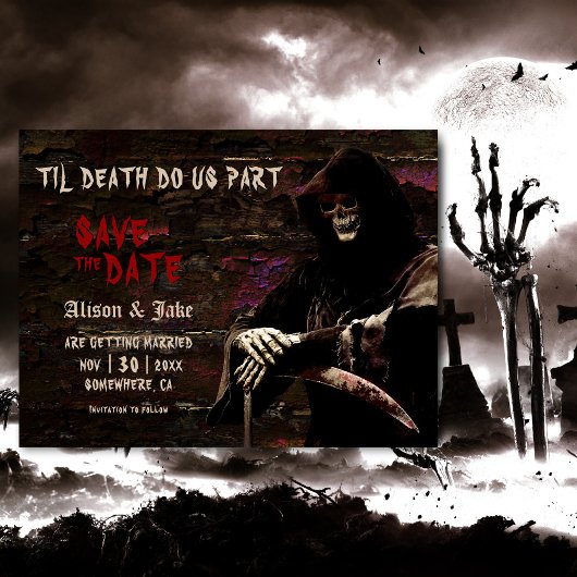 ゴシックスカル結婚式の日付を保存 案内ポストカード