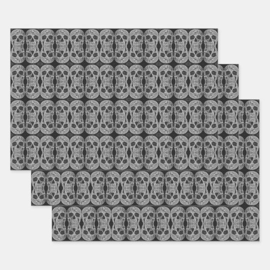 ゴシックスカル頭部の白黒抽象芸術パターン ラッピングペーパーシート (セット)