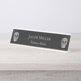 ゴシックスカル頭黒と白の刺青画家 デスクネームプレート