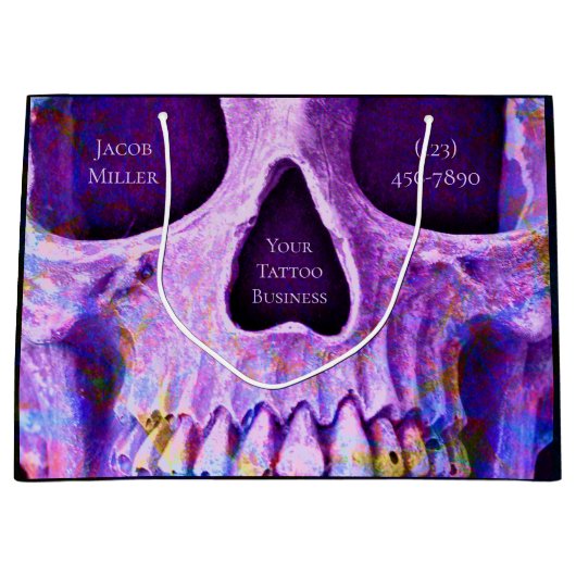 ゴシックスカル顔パユニークープルブルータトゥーショップ ラージペーパーバッグ (正面)