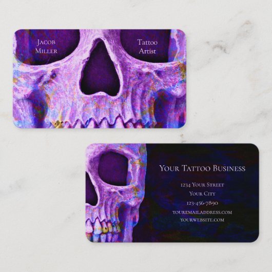 ゴシックスカル顔パープルブルータトゥーショップ 名刺 (正面/裏面)