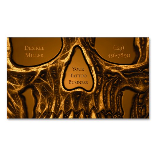 ゴシックスカル顔メタリック金ゴールドタトゥーショップ マグネット名刺 (正面)