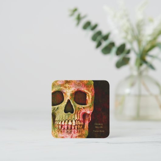 ゴシックスカル顔レッドグリーンタトゥーショップ スクエア名刺 (スタンド正面)