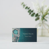 ゴシックスカル顔白熱［赤熱］光を放つティール（緑がかった色）グリーンタトゥーショップ 名刺 (スタンド正面)