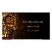 ゴシックスカル顔白熱［赤熱］光を放つ金ゴールドブラックタトゥーショップ マグネット名刺 (正面)