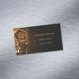 ゴシックスカル顔白熱［赤熱］光を放つ金ゴールドブラックタトゥーショップ マグネット名刺