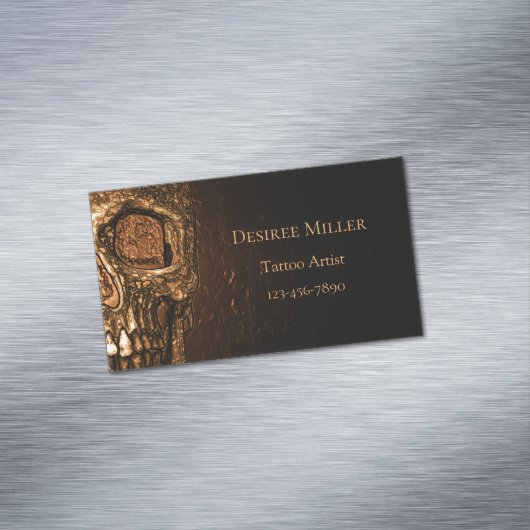 ゴシックスカル顔白熱［赤熱］光を放つ金ゴールドブラックタトゥーショップ マグネット名刺 (インサイチュ)