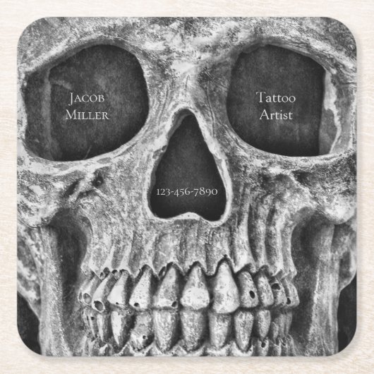 ゴシックスカル顔白黒タトゥーショップ スクエアペーパーコースター (正面)