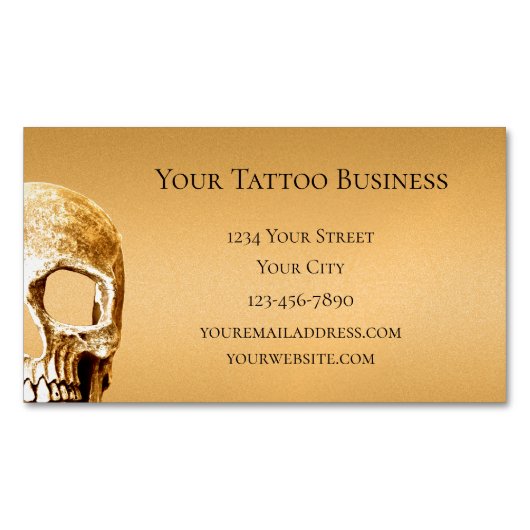 ゴシックスカル顔金ゴールドホワイトタトゥーショップ マグネット名刺 (正面)